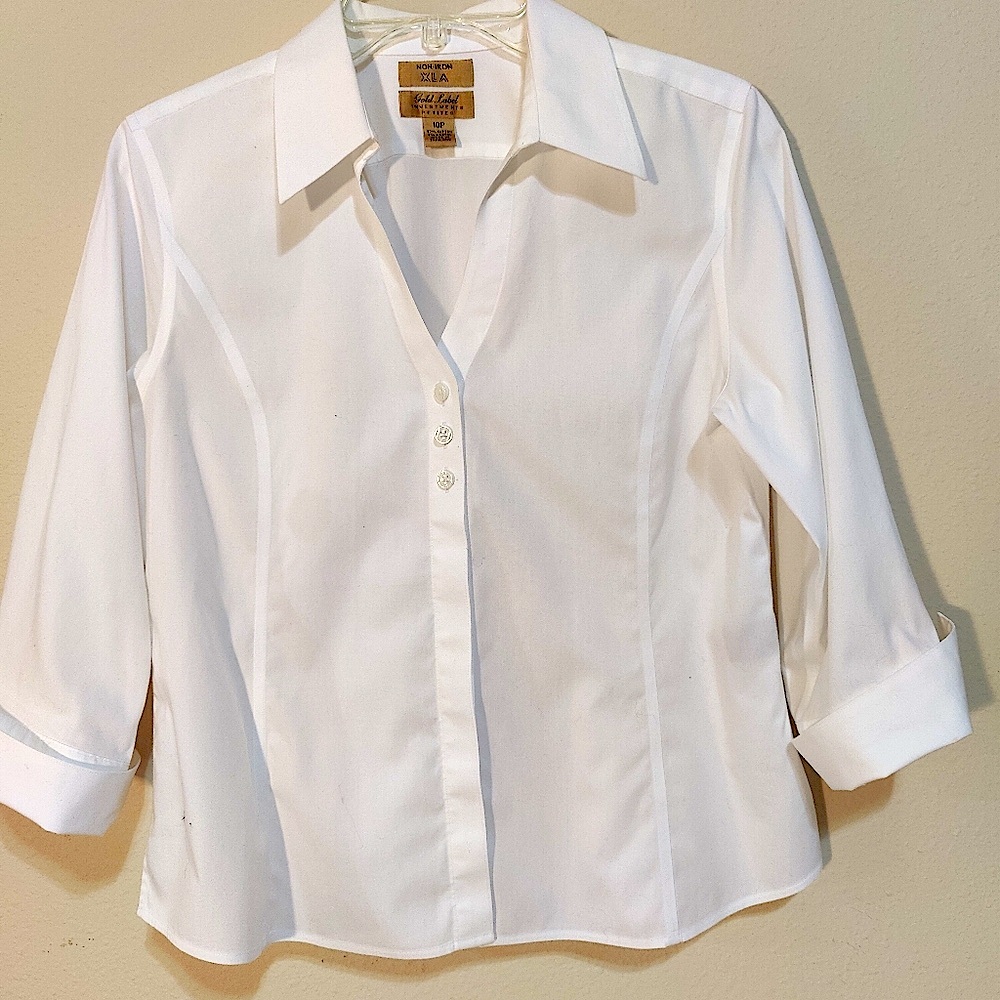 Fitted Non-Iron Gold Label,Women's White Button-Up Shirt 3/4 sleeves   S10